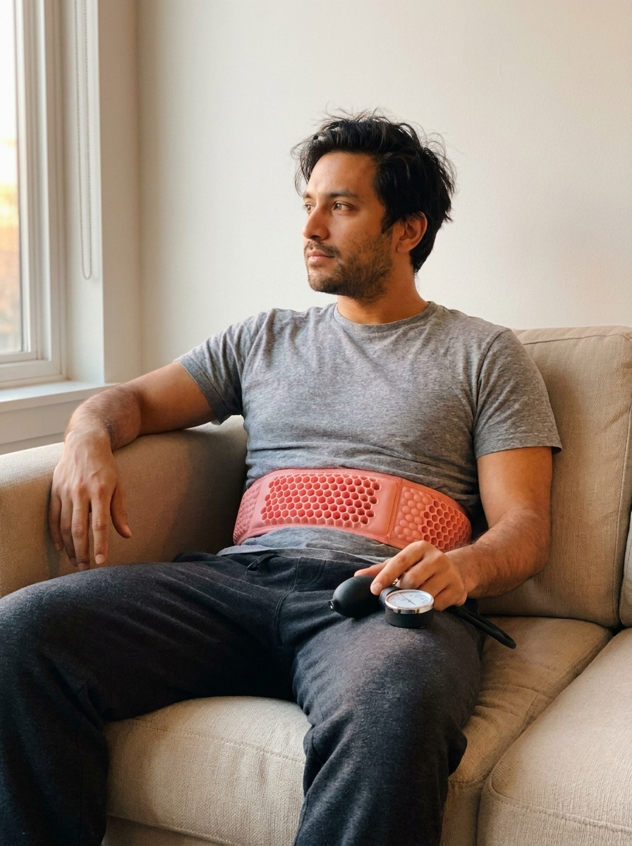 A desk worker wearing the OrbitAir belt during a 15-minute decompression session after work