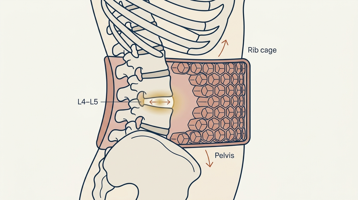 Cross-section showing OrbitAir pressing the rib cage up and pelvis down, opening the disc space at L4-L5